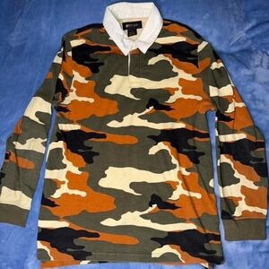 Camo long sleeve Polo  Green Orange Black Cotton‎ men size m